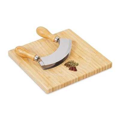Afbeelding van Relaxdays wiegemes met plank bamboe rvs dubbel snijplank kruiden kruidenmes