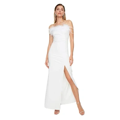 Afbeelding van Trendyol Standaard mouw Strapless Verschuiving Ecru Getailkunstleerd Gevoerd Geweven Aansluitende Bruiloft/Bruiloft Lange Avondjurk TPRSS22AE0095