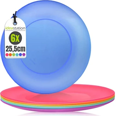 Afbeelding van idea station NEO kunststof plaat 6 stuks, 25.5 cm, kleurrijk, herbruikbaar, onbreekbaar, rond, borden, bordenset, campingborden, kinderborden, schalen, feestschalen, camping schalen
