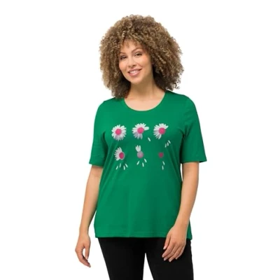 Afbeelding van Ulla Popken À Fleurs Coupe Classic FIT COL ROND ET Manches Courtes Tshirt print, Dames, Maat: 50/52, Vert émeraude