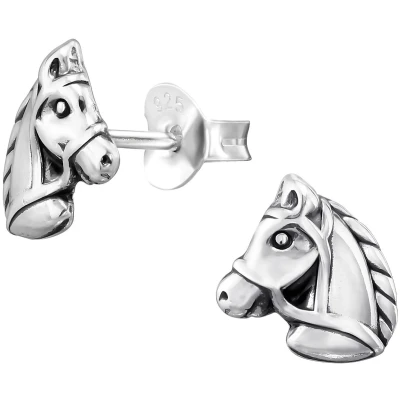 Afbeelding van JoyS Zilveren paard oorbellen 7.7 x 8.5 mm paardenhoofd geoxideerd
