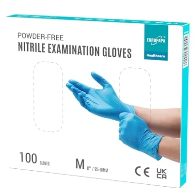 Afbeelding van EUROPAPA® 100 x nitrilhandschoenen, doos wegwerphandschoenen, onderzoekshandschoenen, nitril handschoenen, poedervrij, zonder latex, niet steriel, latexvrij, wegwerphandschoenen (M, Blauw)