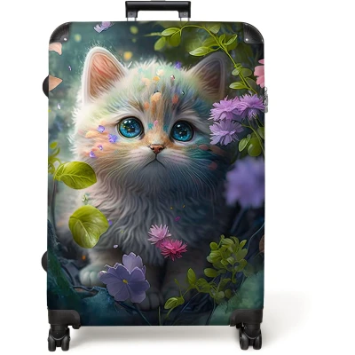 Afbeelding van NoBoringSuitcases.com® Koffer groot Reiskoffer lichtgewicht Kitten Bloemen Bos Illustratie Poes Rolkoffer met 4 wielen Grote trolley XL 98 liter bagage