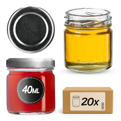 Afbeelding van KADAX Weckpotten, 40 ml, mini inmaakpotten, kruidenpotjes met schroefdeksel, inmaakglas, testpotten, jampotten, honingpotten, ronde potten (20 stuks, zilverkleurig deksel)