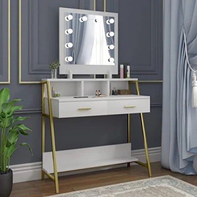 Afbeelding van WOLTU Kaptafel met Spiegel Make up 10 Lampen Cosmetische uptafel Lades Moderne Wit en Goud MB6076ws