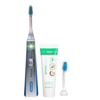 Afbeelding van emmi dent Platinum Elektrische ultrasone tandenborstel (starterset blauw), ideaal voor gevoelige tanden en tandvlees, optimaal tandenpoetsen zonder schrobben, accuduur tot 15 dagen