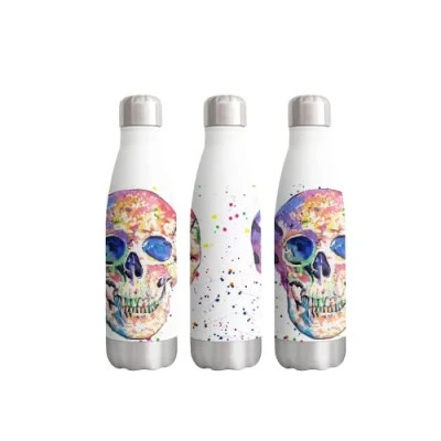 Afbeelding van Schedel Aquarel Regenboog Art Fles Dubbelwandige Geïsoleerde Rvs Sport Dranken 500ml Wit Cadeau Ideaal voor School Werk Kantoor Oudoor Houdt Warme en Koude Drankjes