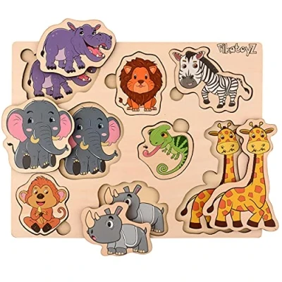 Afbeelding van Pikatoyz Houten puzzel van 1 jaar, 2 3 jaar. Ideale voor kindercadeaus. speelgoed bestaande uit puzzels met jungle dieren. Montessori speelgoed. Plakpuzzel jongens en meisjes