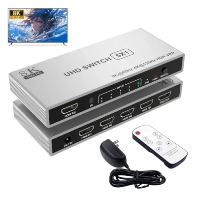 Afbeelding van 5 poorts HDMI 8K schakelaar met afstandsbediening, 2.1 4K @120Hz @60Hz Switcher Splitter in 1 uit, 48 Gbps, HDR10+, Dolby, HDCP 2.3 CEC VRR, voor PS5/PS4, Xbox X, TV