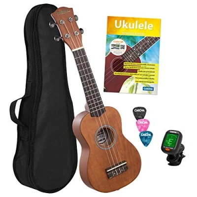 Afbeelding van Cascha Sopraan Ukelele Set Italiaans voor kinderen en volwassenen, starterset met 3 plectrums, leerboeken over QR code, stemapparaat I Aquila snaren kleine Hawaï gitaar cappuccino