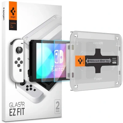 Afbeelding van Spigen Screenprotector geschikt voor Nintendo Switch Oled Gehard glas met montage frame Transparant 2 stuks