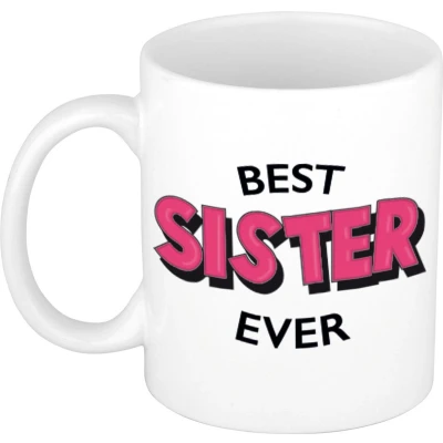 Afbeelding van Best sister ever cadeau koffiemok / theebeker wit met roze letters 300 ml feest mokken