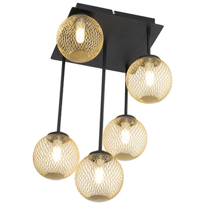 Afbeelding van QAZQA Moderne plafondlamp zwart met goud 5 lichts Athens Wire