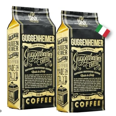 Afbeelding van Guggenheimer Coffee 500g espresso gemalen koffie lage zuurgraad en bittere stoffen beste voor espressomachines aromazakjes van 2 x 250g
