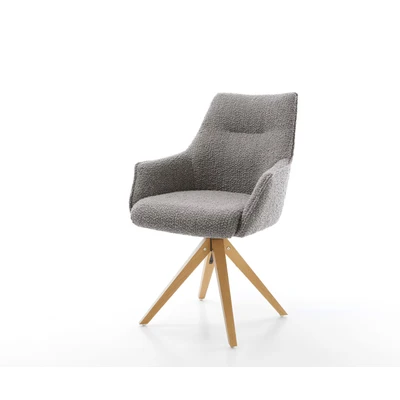 Afbeelding van Eetkamerstoel Alja Flex met armleuning houten frame hoekig natuur bouclé zilver grijs pocketveer kern 180 draaibaar