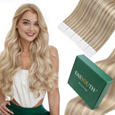 Afbeelding van Easyouth 35cm/14inch Tape in Hair Extensions 40g Kleur #18P24 Donker asblond tot Lichtblond Remy Human Recht Haarverlenging