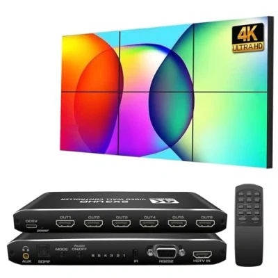 Afbeelding van Video Wall controller 2 x 3 4K, HDMI &amp; DVI 4k signaalingang maakt 6 tv schermen in 1 wanddisplay ondersteuning IR afstandsbediening/RS232 en 180 rotatie, videowand 2x2