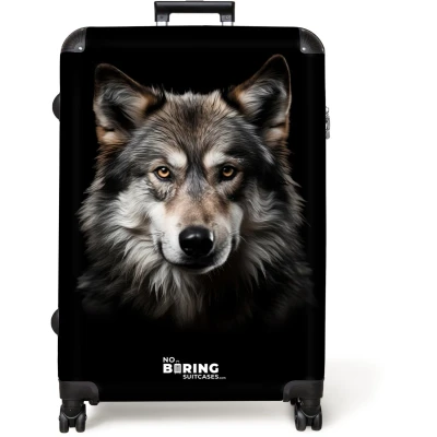 Afbeelding van NoBoringSuitcases.com® Koffer groot Reiskoffer lichtgewicht Wolf portret tegen een zwarte achtergrond Rolkoffer met 4 wielen Grote trolley XL 98 liter bagage