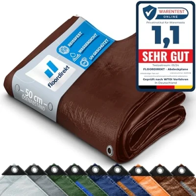 Afbeelding van Floordirekt Afdekzeil, zeildoek, beschermend zeil, bootzeil, tentzeil voor camping en outdoor, tuin, waterdicht, met ringen, verschillende maten kleuren, 2 x 3 m, 80 g/m², bruin