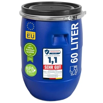 Afbeelding van plasteo® 60 liter brede hals met deksel en spanring, voedselveilig, BPA vrij, kunststof vat, universeel dekselvat, watervat, opslagvat, zuurkoolvat, stabiele handgrepen, blauw
