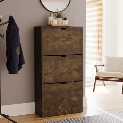 Afbeelding van Vida Designs Schoenenkast met 3 laden, ruimtebesparende slanke schoenopbergkast klapladen, hal en woonkamermeubels FSC 100 gecertificeerd (donker hout)