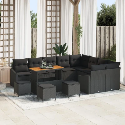 Afbeelding van vidaXL 13 delige Tuin Sofa Set met Kussens Zwart Poly Rattan Acacia