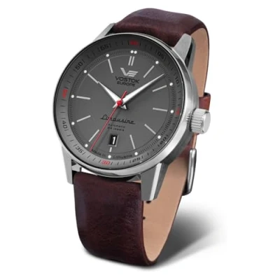 Afbeelding van Vostok Europe Watch 560A688, 560a688 grijs/bruin lederen band, Riemen.
