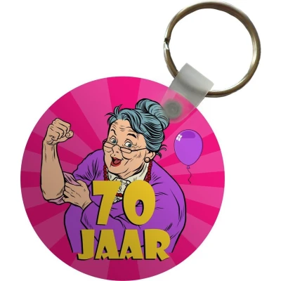 Afbeelding van Sleutelhanger Vrouw 70 Jaar verjaardag Jubileum Plastic Rond Uitdeelcadeautjes