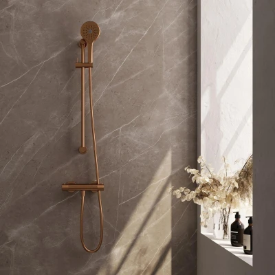 Afbeelding van Brauer Copper carving Douchekraan opbouw glijstang 1 functie 2 knoppen handdouche rond 3 standen PVD geborsteld koper