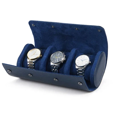 Afbeelding van Luxe Horloge Rol 3 Stuks Horlogedoos Etui Leer Watch Roll Houder Sieradendoos Opbergdoos Heren Blauw