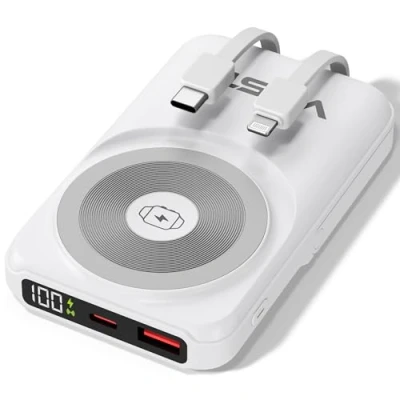 Afbeelding van Powerbank USB C [10.000mAh] Magnetische met Inductie en Kabel 20W Draadloze Oplader, 2,5W Horloge 22,5W QC &amp; PD Snelladen, Geïntegreerde Type Ingang