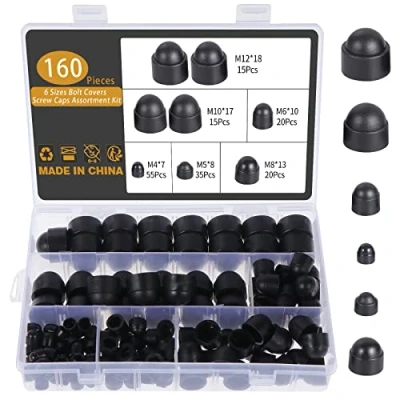 Afbeelding van Gueenky 160 stuks beschermdoppen voor schroeven, M4, M5, M6, M8, M10, M12, schroefdoppen, zwarte doppen, moeren, afdekkappen bouten