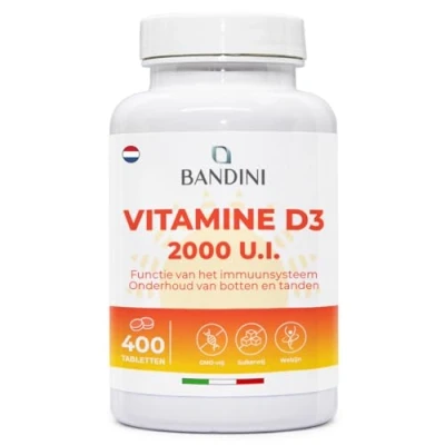 Afbeelding van Bandini® vitamine D 2000 IU 400 tabletten (1+ jaar voorraad) Hoge dosering 50 mcg cholecalciferol Immuunsysteem, botten, tanden en spieren gezond Calcium metabolisme Pure D3
