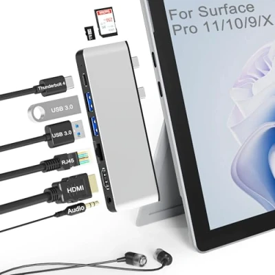 Afbeelding van Surface Pro 11 10 9 docking station met 4K HDMI, USB C Thunderbolt 4 (8K video+40 Gbps+100W vermogen), 100 M Ethernet, USB3.0, SD TF kaartsleuf, 3,5 mm audio, drievoudig scherm voor