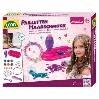 Afbeelding van LENA 42718 Complete set voor het maken van sieraden haar, knutselset kinderen vanaf 6 jaar, pailletten in 6, applicatieapparaat, parelarmband