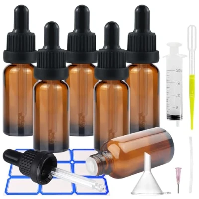 Afbeelding van Impoditiongs 6 stuks 30 ml pipetflessen, pipetflessen met glazen pipet, flessen, farmacist incl. kleine druppelaar, trechter, spuit, voor geuren, vloeistof (bruin,