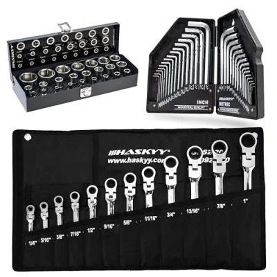 Afbeelding van Haskyy 66 delige SAE inch scharnierende steekring ratelsleutel US Harley Tool I 5/32 1&quot; binnenzeskantsleutel set metrisch en gereedschap dopsleutel dopsleutels moerdoos