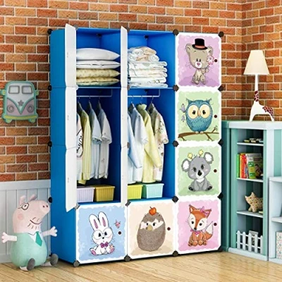 Afbeelding van BRIAN &amp; DANY Cartoon kledingkast, doe het zelf modulaire opbergorganizer, stevig en veilig voor kinderen, 8 kubussen 2 hangende delen, blauw, 110 x 47 147 cm