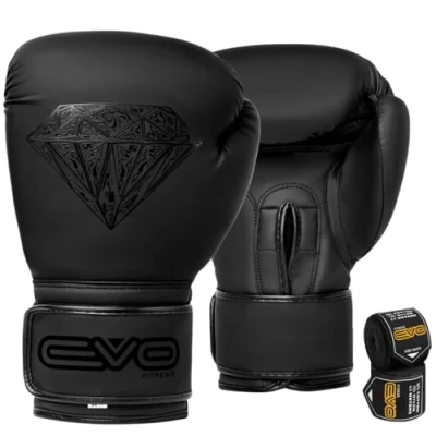 Afbeelding van EVO Fitness Boxing Gloves Met Handwraps Voor Heren En Dames Lederen Pro Gel Bokshandschoenen Muay Thai MMA Kickboxing Sparring Vechten Trainen Punching Bag (Zwart, 14 OZ)