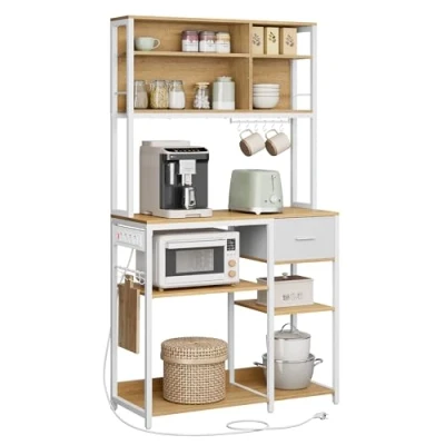 Afbeelding van VASAGLE Keukenplank met stopcontacten, staande plank, magnetronplank, verstelbare planken, stoffen lade, 12 haken, 40 x 100 180,4 cm, voor magnetron, keuken, Golden Oak Cloud White KKS027Y02