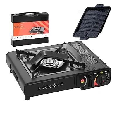 Afbeelding van Campingkooktoestel 1 pits gaskoker en vierkante barbecuegrillplaat van 38 cm, campingkoker voor MSF 1a 227 g gaspatronen, campingfornuis met draagkoffer ideaal outdoor activiteiten