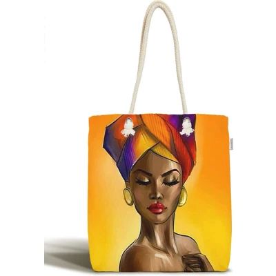 Afbeelding van Schoudertas Dames met rits Afrikaanse vrouw Canvas 45x50 Strandtas Shopper tas tassen Zomer Hobby