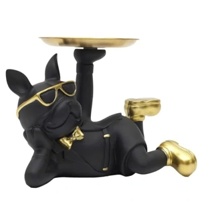 Afbeelding van HOME DECO FACTORY, HD0156, Black Bulldog Statue Empty Pocket, Elegant Decorative Object in Resin, Practical Storage for Keys and Jewelry, Modern Design, One Size, Gold