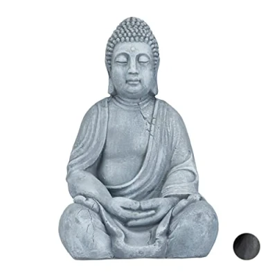 Afbeelding van Relaxdays boeddhabeeld zittend, 50cm, Feng Shui decoratie, XL, vochtrestistent, indoor &amp; outdoor, Zen Buddha, lichtgrijs