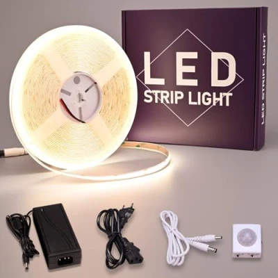Afbeelding van GOMING 24V 10M Bewegingssensor COB LED Strip Natuurlijk Wit 4000K met Voeding 3 Verlichtingsmodi Uitschakelmodi Helderheidsmodi CRI 93+ IP20 Niet Waterdicht Tape Zelfklevend voor DIY Decor