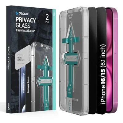 Afbeelding van Deppa [2 Stuks] Privacy Screen Protector voor iPhone 15 (6.1&#039;) Schermbeschermer Gehard glas Volledige dekking met eenvoudig installatievak Anti Spy, Private, Dark, Black Film (Videogids)