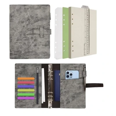 Afbeelding van Wonderpool Lederen dagboek 6 ringmappen map organizer met gestippeld papier navulbaar schrijfnotitieboek en meerdere zakken hoes voor zaken, studie reizen (A5, grijs)