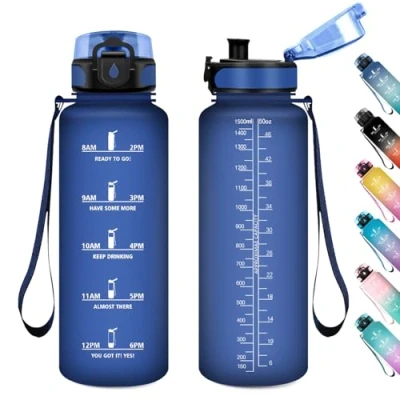 Afbeelding van 1,5 liter fitnesswaterfles, lekvrij, waterfles met tijdmarkering, herbruikbare fles, sportfles, drinkfles voor volwassenen, fitnessstudio, camping, sportschool