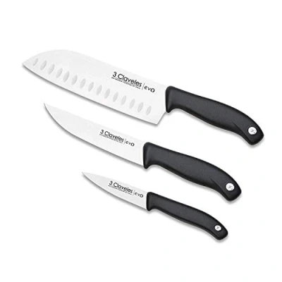 Afbeelding van 3 Claveles Set messen, groente 9 cm + keuken 13,5 Santoku 18 cm, lijn EVO, roestvrij staal