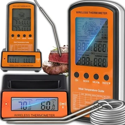 Afbeelding van Retoo Grillthermometer, draadloos, vleesthermometer, digitale braadthermometer, keukenthermometer, 2 externe sondes, oventhermometers voor grill, bakken, braden, achterverlichting, temperatuurbereik